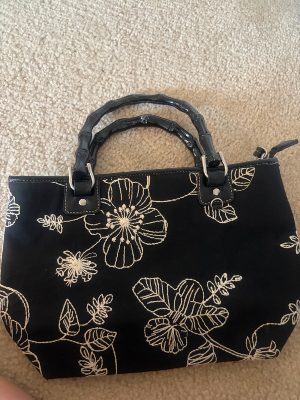 Rello Black Floral Embroidered Tote Bag with Patent Handles